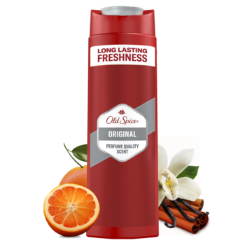 Old Spice Original czerwony żel pod prysznic, butelka z napisem 'Long Lasting Freshness', z owocami i wanilią.