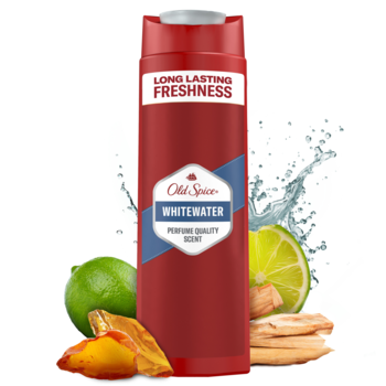 Old Spice Whitewater żel pod prysznic w czerwonej butelce z limonkami i przyprawami, widok z przodu.