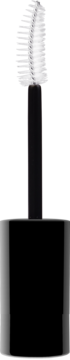 Aplikator czarnej maskary z białą, zakrzywioną szczoteczką i widoczną częścią zakrętki, z przodu.