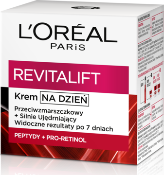 L'Oréal Paris Revitalift krem na dzień, przeciwzmarszczkowy, z peptydami i pro-retinolem. Białe pudełko, front.