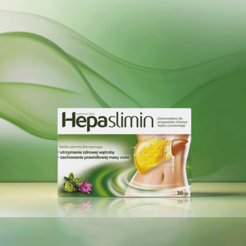 Białe pudełko suplementu Hepaslimin z grafiką wątroby, dla zdrowej wątroby i prawidłowej masy ciała, widok z przodu.