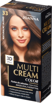 Pudełko farby do włosów Joanna Multi Cream Color 33 Naturalny Blond, z wizerunkiem kobiety, widok z przodu.
