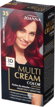 Opakowanie farby Joanna Multi Cream Color, odcień 35 Wiśniowa Czerwień, z maską keratynową, widok z przodu.