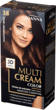 Czarne opakowanie farby Joanna Multi Cream Color 38 Kasztanowy Brąz 3D z keratyną, widok z przodu.