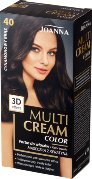 Czarne pudełko farby do włosów Joanna Multi Cream Color, odcień 40 Cynamonowy Brąz, z wizerunkiem kobiety.