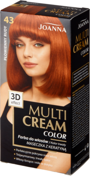 Farba do włosów JOANNA Multi Cream Color 43 Płomienny Rudy w czarnym opakowaniu z kobietą o rudych włosach.