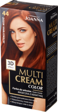 Opakowanie Joanna Multi Cream Color 44 Intensywna Miedź, farba do włosów, z modelką i efektem 3D.