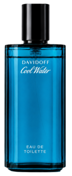Błękitna butelka męskiej wody toaletowej Davidoff Cool Water z czarną nakrętką, widok z przodu.