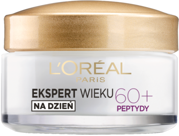 Krem L'Oréal Ekspert Wieku 60+ Na Dzień z Peptydami w białym słoiku ze złotą nakrętką, widok z przodu.