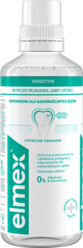 Przezroczysta butelka płynu Elmex Sensitive do płukania ust, biało-zielona etykieta z 0% alkoholu, widok z przodu.
