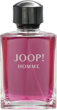 Flakon JOOP! Homme perfum męskich, magenta płyn, czarna nakrętka, widok z przodu na ciemnym tle.