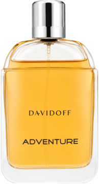 Davidoff Adventure męska woda toaletowa w przezroczystej butelce z bursztynowym płynem i srebrnym korkiem, widok z przodu.