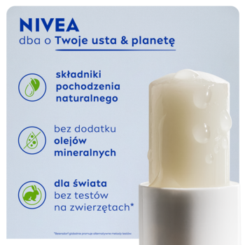 Zbliżenie na pomadkę NIVEA w sztyfcie obok tekstu: naturalne składniki, bez olejów mineralnych, bez testów na zwierzętach.