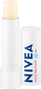 NIVEA Med Repair regenerująca pomadka ochronna SPF 15, biała tubka z niebieskim napisem, wysunięty sztyft i nakrętka.