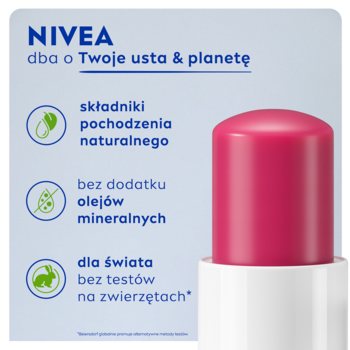 NIVEA Cherry Shine pomadka, różowy sztyft obok infografiki z hasłami: naturalne składniki, bez olejów mineralnych.