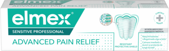 Elmex Sensitive Professional Advanced Pain Relief, biało-turkusowe opakowanie pasty z logiem i grafiką zęba, widok z przodu.