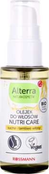 Alterra Olejek do włosów Nutri Care w białej butelce z pompką, do włosów suchych i łamliwych, widok z przodu.