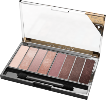 Otwarta paletka cieni Max Factor Rose Nudes z 8 matowymi i świetlistymi cieniami nude oraz aplikatorem, widok pod kątem.