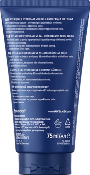 Tył ciemnoniebieskiej tubki NIVEA MEN Hydrocare 48H nawilżającego kremu do twarzy 75ml z wielojęzycznymi informacjami.