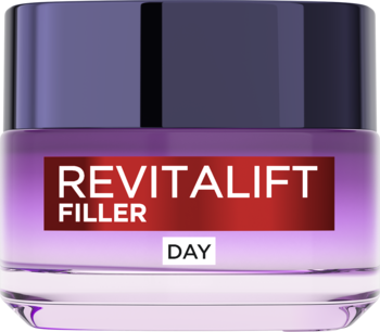 Krem L'Oréal Revitalift Filler Day w szklanym słoiku, fioletowa nakrętka, czerwona etykieta, widok z przodu.