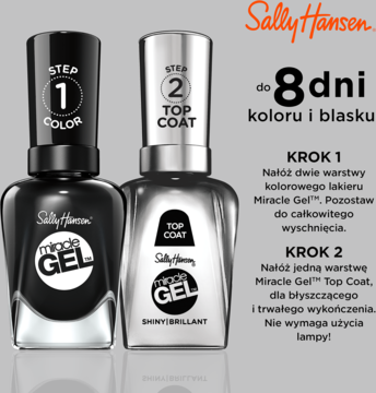Sally Hansen Miracle Gel: czarny lakier (Step 1) i srebrny top coat (Step 2) dla żelowego efektu bez lampy.