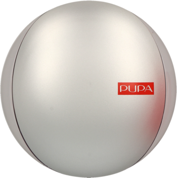 PUPA, kryjący wypiekany puder do twarzy w srebrnej, owalnej puderniczce z czerwonym logo.