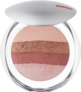 Otwarty puder do twarzy i ciała Pupa w owalnym kompakcie, cztery poziome pasy w odcieniach beżu, brązu i różu.