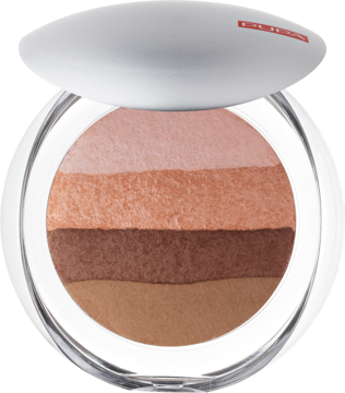 Otwarty, okrągły puder Pupa Milano do twarzy i ciała. Cztery jedwabiste odcienie: jasny róż, karmel, brąz, beż. Widok z góry.