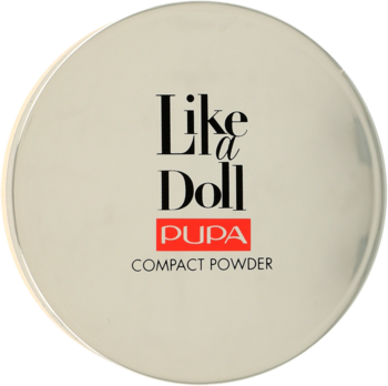 Jasny, okrągły puder matujący PUPA Like a Doll Compact Powder, z czarnym napisem i logo, widok z góry.
