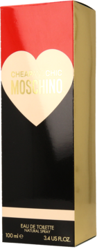 Moschino Cheap&Chic Eau de Toilette 100ml w czerwono-czarnym kartoniku, widok z przodu, złote serce.