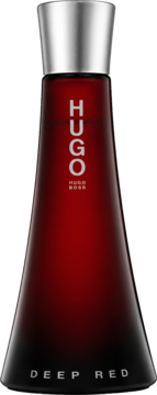 Elegancki flakon Hugo Boss Deep Red EDP dla kobiet. Ciemnoczerwona butelka z gradientem, srebrna zakrętka, napis HUGO.