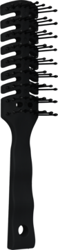 Czarna wentylowana szczotka do suszarki, z plastikowymi igłami zakończonymi kulkami, widok z przodu.