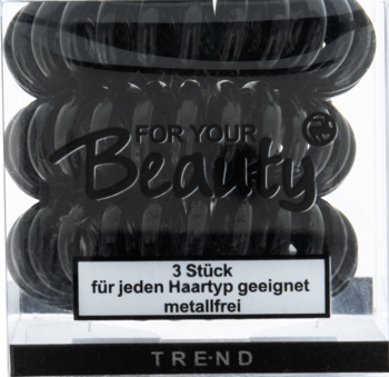 Czarne gumki sprężynki do włosów For Your Beauty, 3 sztuki, w przezroczystym opakowaniu z logo.