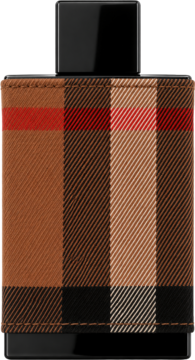 Burberry London for Men EDT, butelka w brązowo-czerwoną kratę, z czarnym topem i dnem. Widok z przodu.