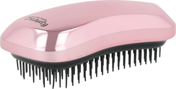 Profesjonalna szczotka do rozczesywania mokrych i suchych włosów, lśniąca różowa, z czarnymi ząbkami, widok z góry.