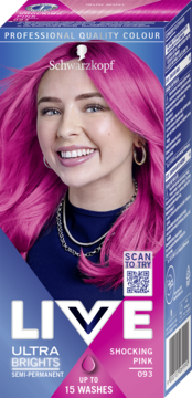 Przednie ujęcie opakowania farby Schwarzkopf LIVE Ultra Brights 093 Shocking Pink, z modelką o intensywnie różowych włosach.