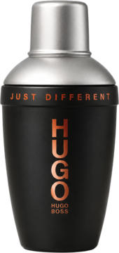 Hugo Boss Just Different woda toaletowa, matowa czarna butelka z metalową zakrętką, pomarańczowy napis, przód.