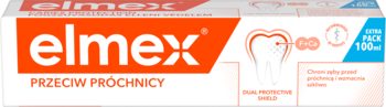 elmex pasta do zębów Caries Protection 100ml, biało-pomarańczowe opakowanie z grafiką zęba, widok z przodu.