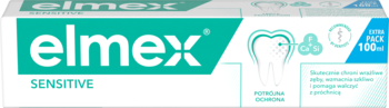 Pasta elmex Sensitive w białej tubce, zielone logo, niebieskie detale i ikona zęba, widok z przodu.