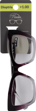 Ciemnofioletowe okulary Eye Medic do czytania, moc +1.00 dioptria, na szarej etykiecie, z przodu.
