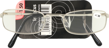 Srebrne okulary do czytania Infocus +1.50 na czarnej karcie produktu z ceną, widok z góry.
