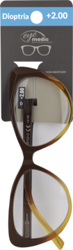 Okulary do czytania Eye Medic +2.00, brązowe oprawki z gradientowymi zausznikami, na opakowaniu, widok z przodu.