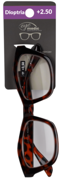Okulary Eye Medic do czytania +2.50, brązowe oprawki tortoise, widok z przodu w czarnym opakowaniu.