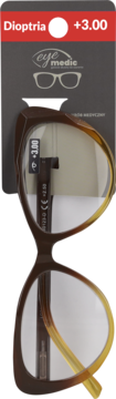 Eye Medic okulary do czytania, dioptria +3.00, brązowo-żółte oprawki w opakowaniu, widok z przodu.