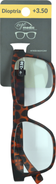 Gotowe okulary do czytania eye medic +3.50, w szylkretowej oprawce, widok z przodu w opakowaniu produktu.