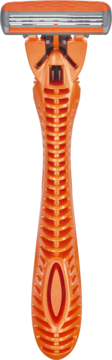 Pomarańczowa maszynka BIC 3 Hybrid Extra Life, trzy ostrza, ergonomiczna rączka z teksturą, widok z przodu.