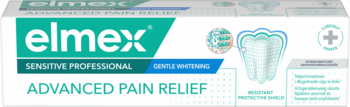 Opakowanie pasty elmex Sensitive Professional Advanced Pain Relief Gentle Whitening, biało-zielone, z grafiką zęba.