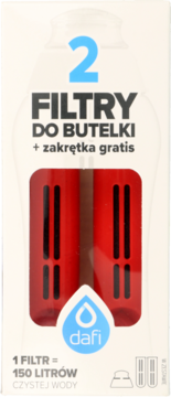 Dafi opakowanie z 2 filtrami do butelki, widok z przodu. Zawiera dwa czerwone filtry i informację o 150 litrach wody.