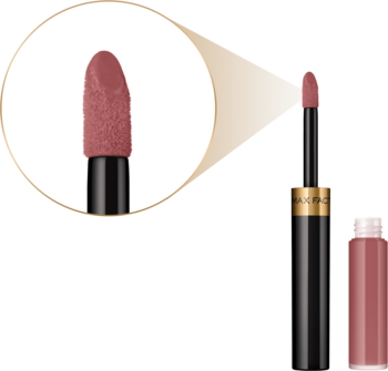 Zbliżenie aplikatora Max Factor Lipfinity Lip Colour 16 Glowing w kolorze brudnego różu, widoczna struktura pędzelka.