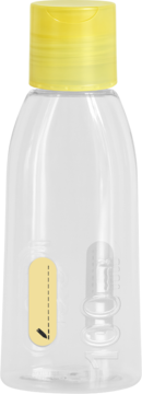 Przezroczysta butelka Press Cap 100 ml na kosmetyki, z żółtą zakrętką, widok z przodu, na białym tle.